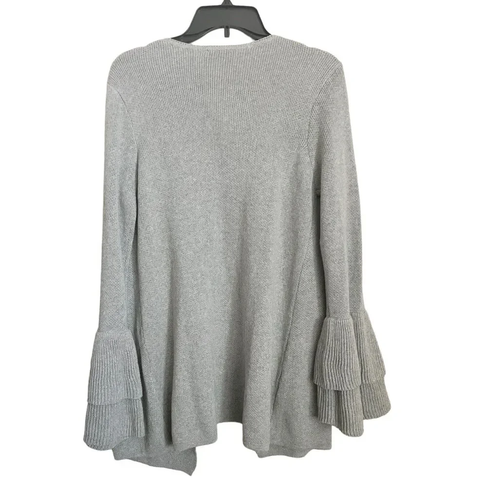 LOFT Women NWT Open Long Cardigan Coatigan Knit Sz S Bell Sleeve Ruffles Gray - Picture 2 of 5